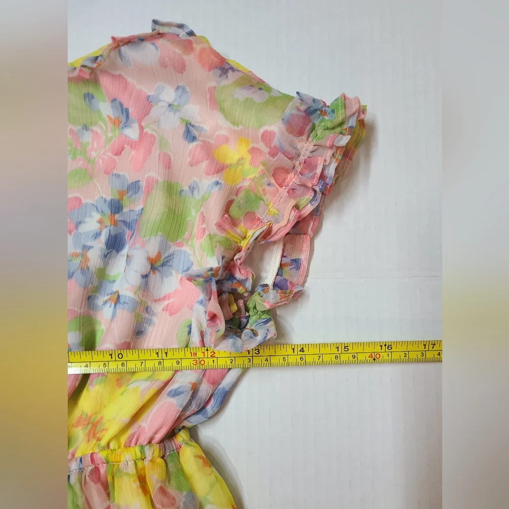 Ralph Lauren Girls Pink Yellow Floral Short Sleeve Ruffled Chiffon Dress Sz 10
